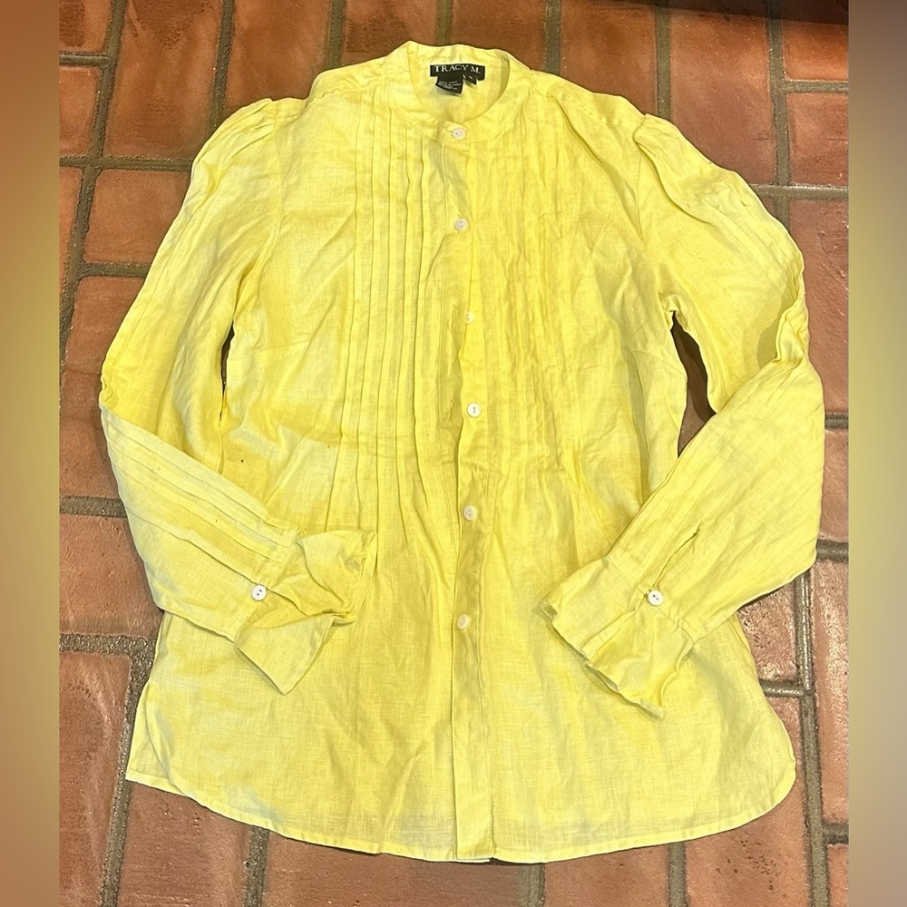 Vintage Tracy M Yellow Button-Up Linen Shirt Sz-S